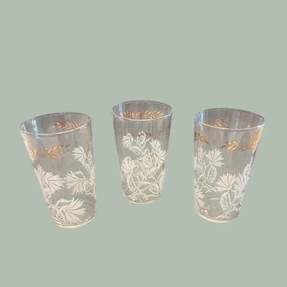 Set 3‎ Vintage MCM Federal Glass White & Gold Drinking Glasses Tumbler Light Wt.